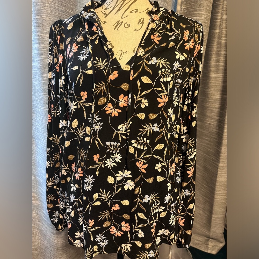 Loft Women’s S Black Multicolored Floral Ruffle Tie Neck Blouse
